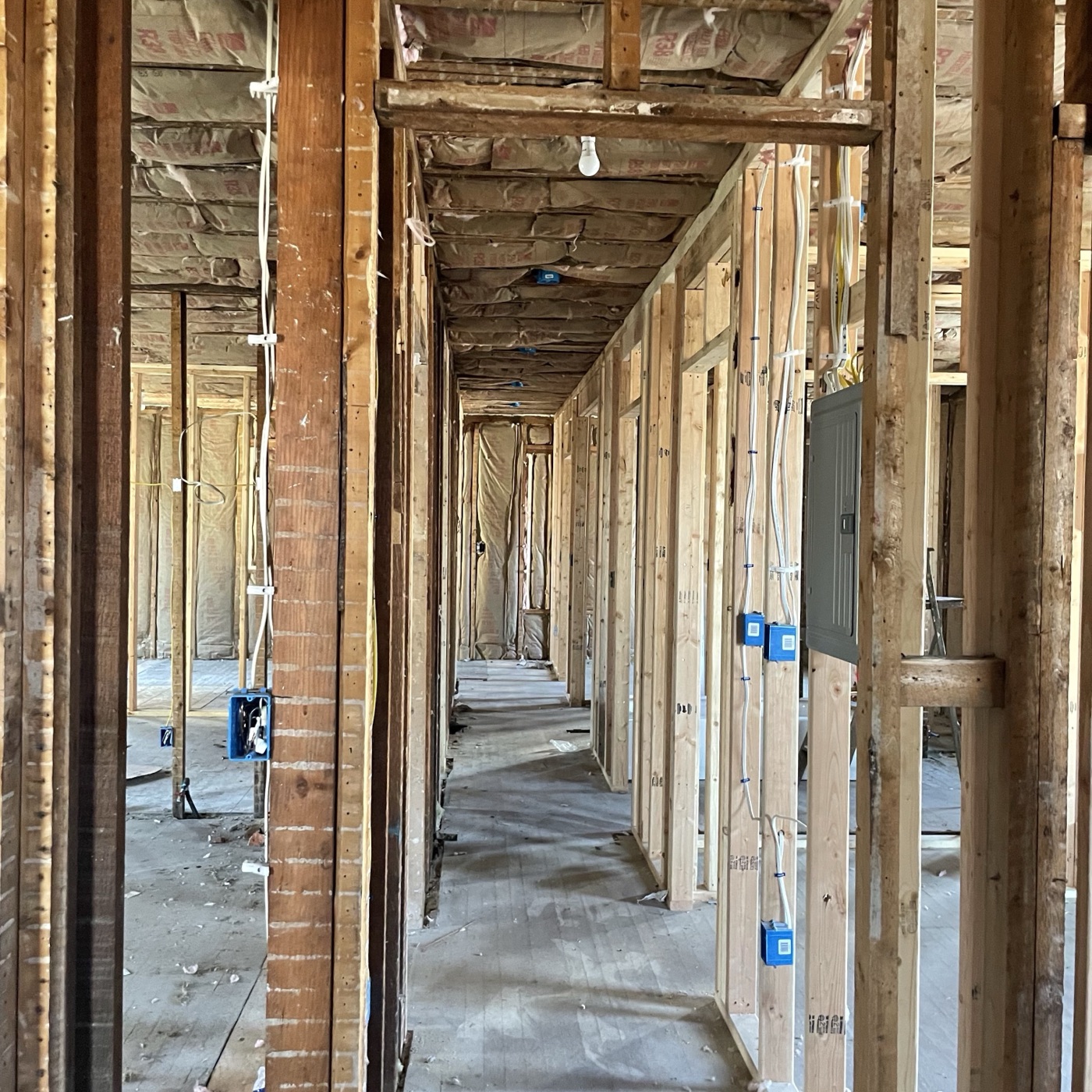 A hallway at 329 Oak Street down to bare studs, insulation and new wiring